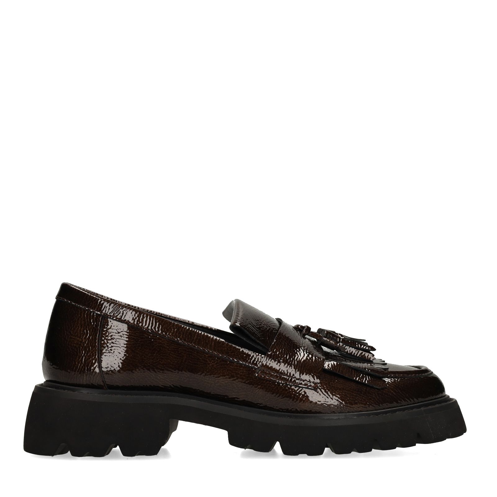 Dunkelbraune Lackleder-Loafer mit Fransen