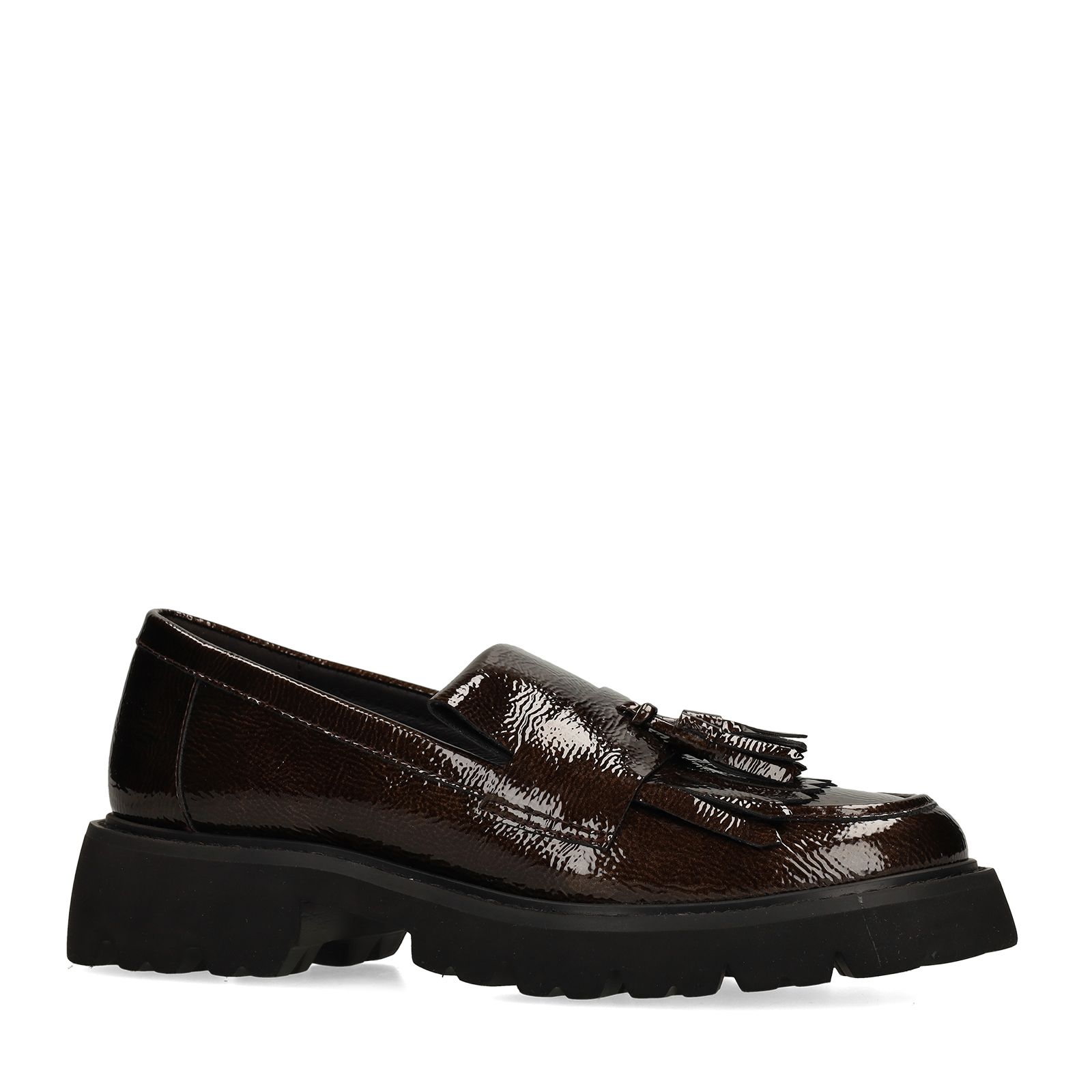 Dunkelbraune Lackleder-Loafer mit Fransen