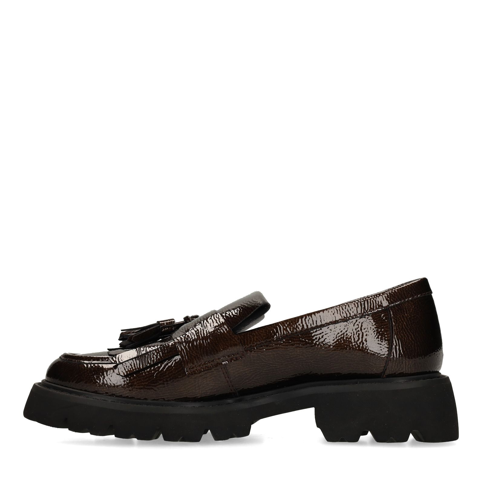 Donkerbruine lak leren loafers met franjes