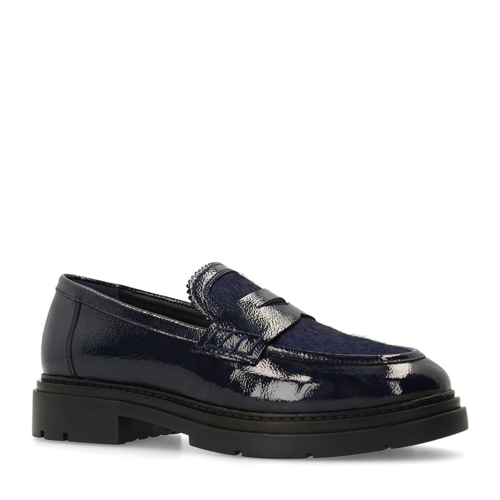 Dunkelblaue Lackleder-Loafer mit Fell-Details Slipper Manfield