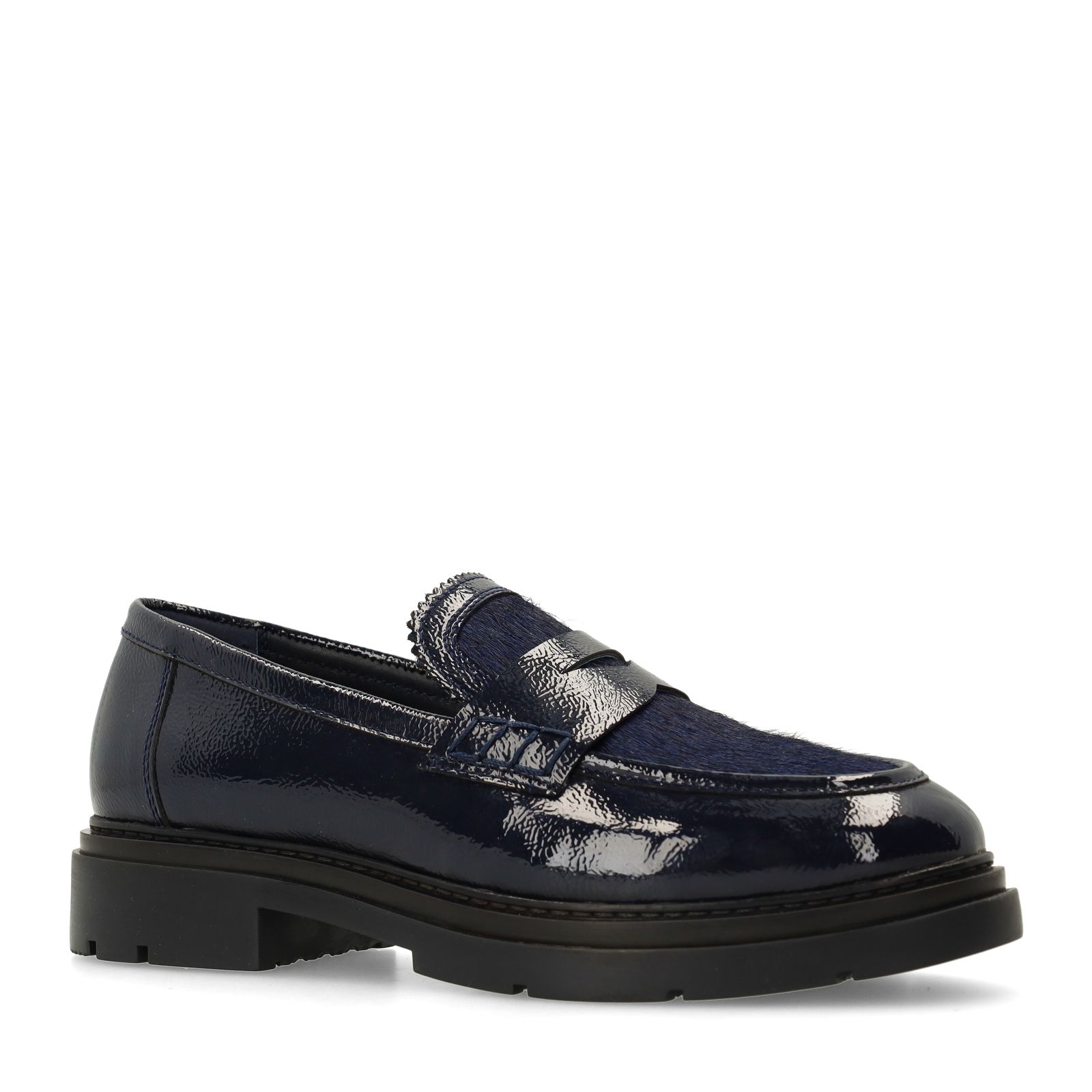 Dunkelblaue Lackleder-Loafer mit Fell-Details