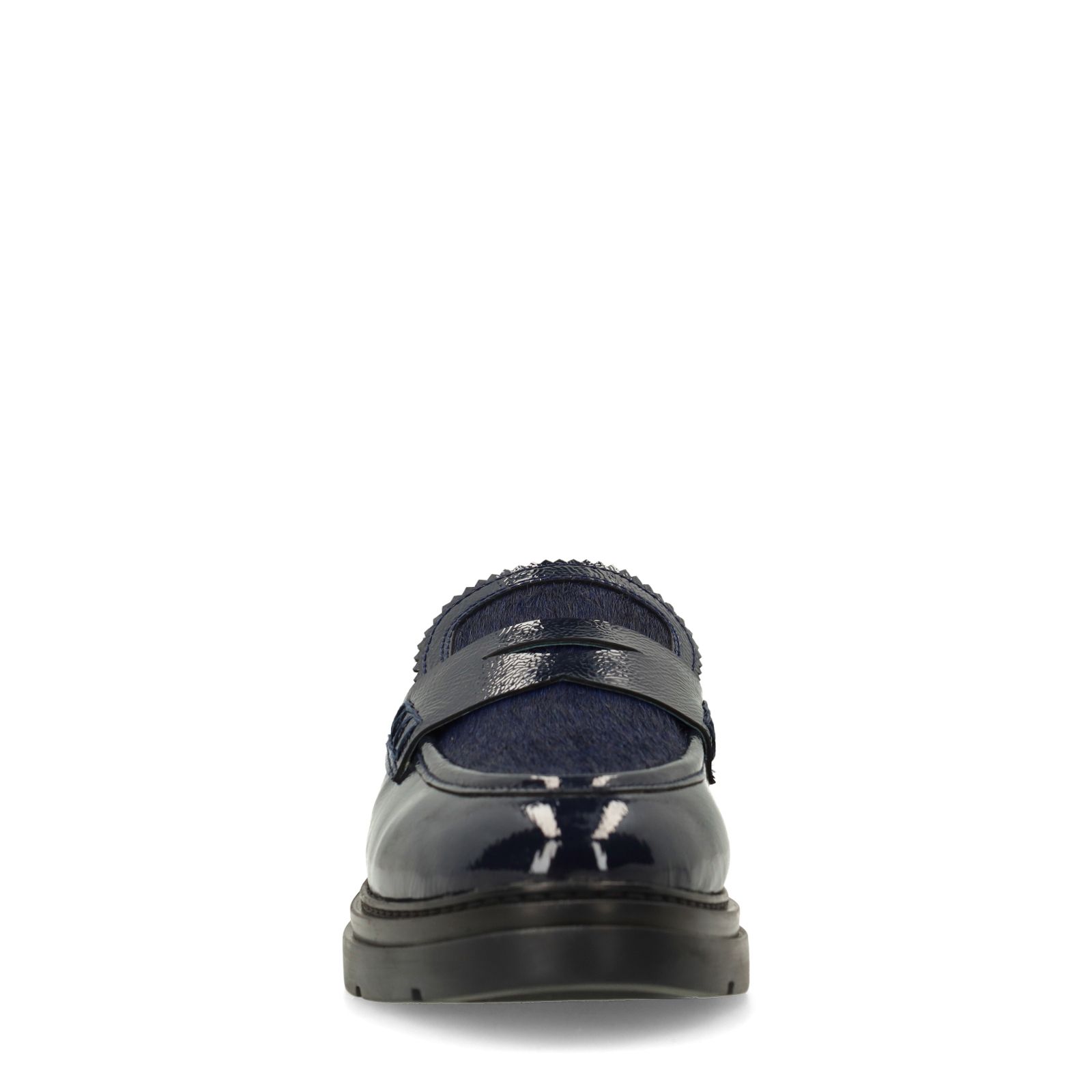 Dunkelblaue Lackleder-Loafer mit Fell-Details