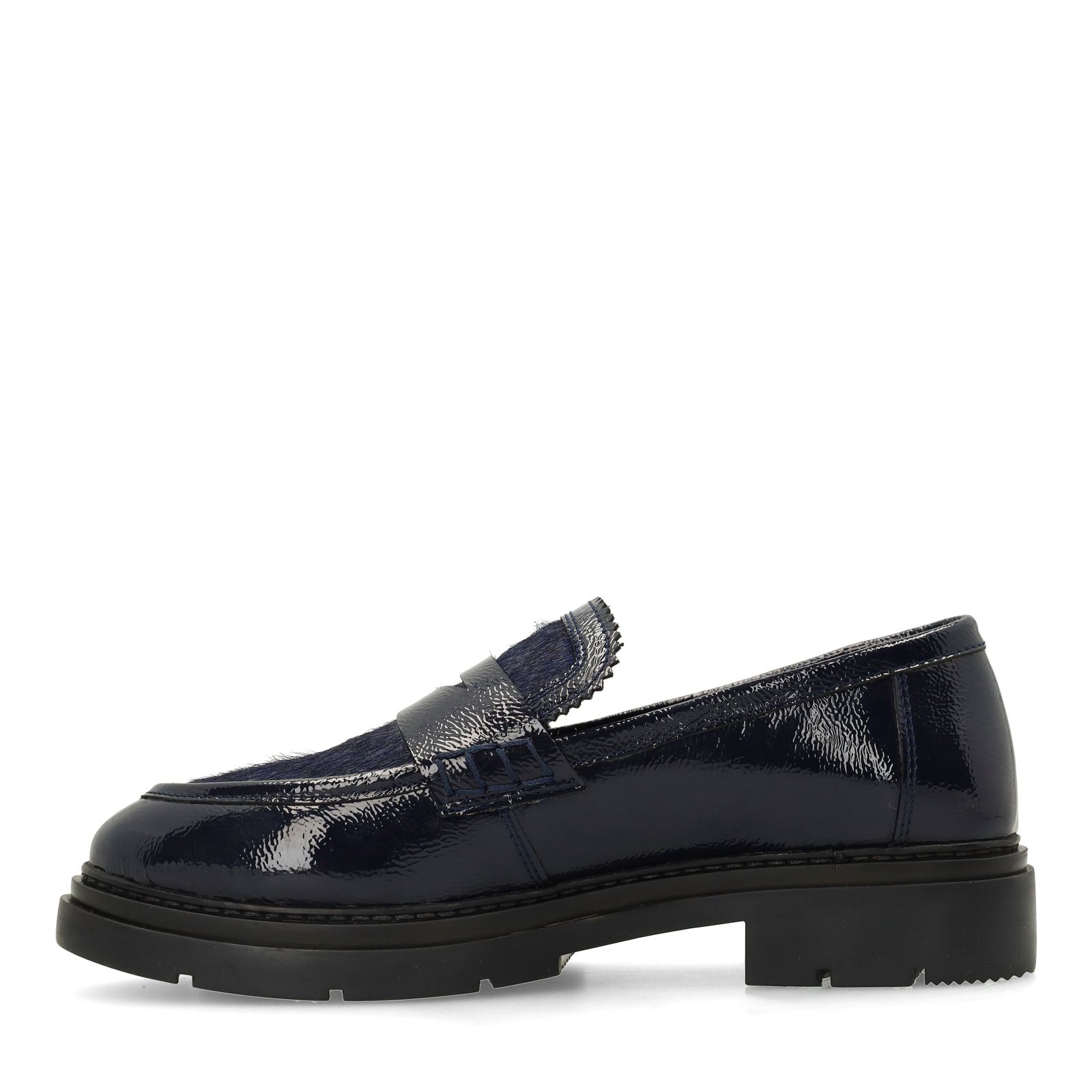 Donkerblauwe lakleren loafers met pony hair