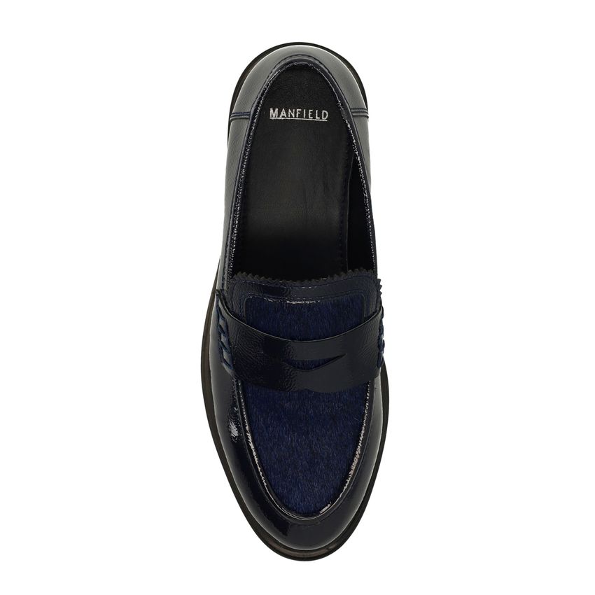 Donkerblauwe lakleren loafers met pony hair