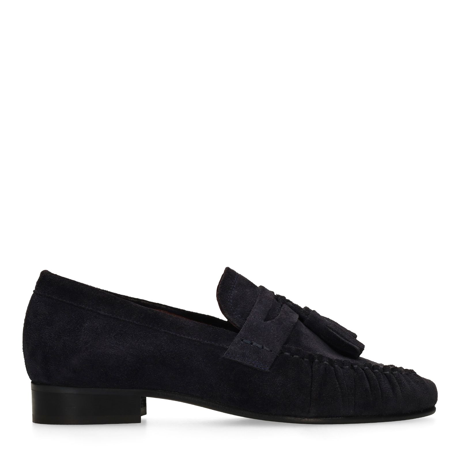 Donkerblauwe suède loafers met kwastjes