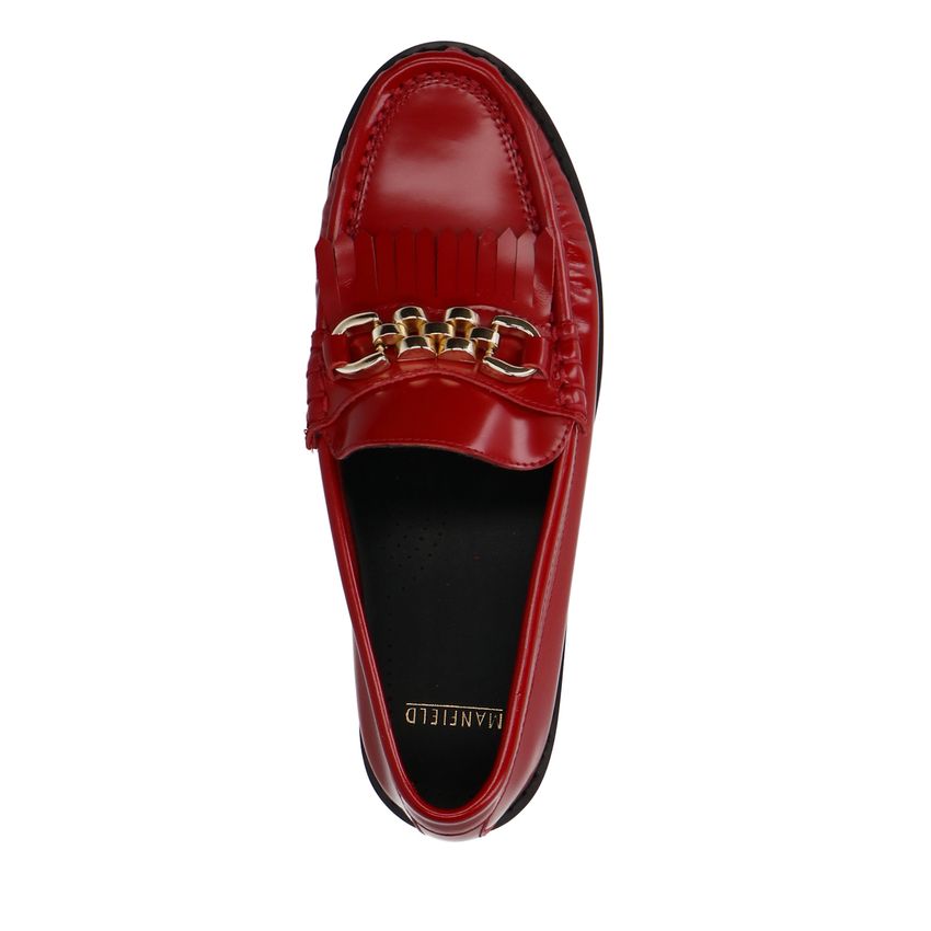 Rote Leder-Loafer mit goldfarbener Kette und Quasten