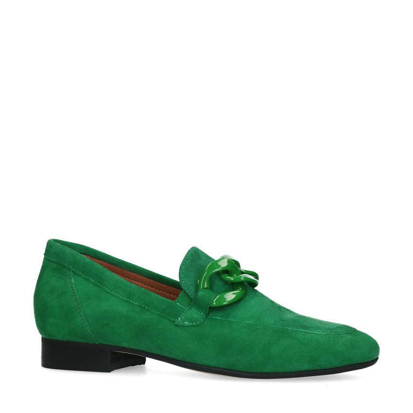 Groene suède loafers met chain