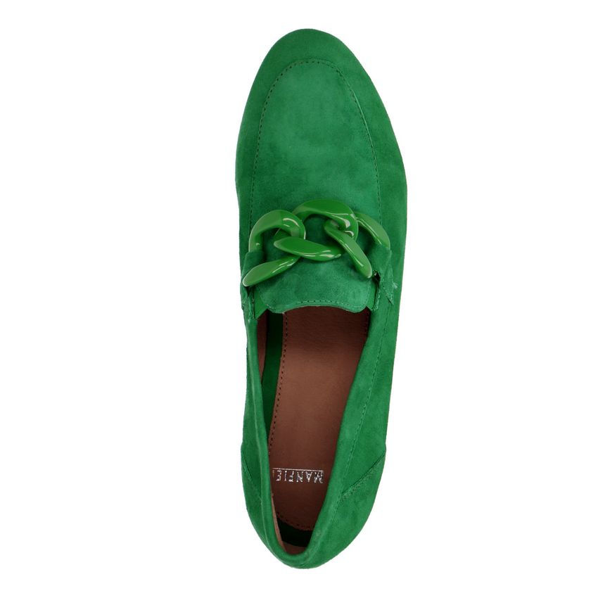 Groene suède loafers met chain