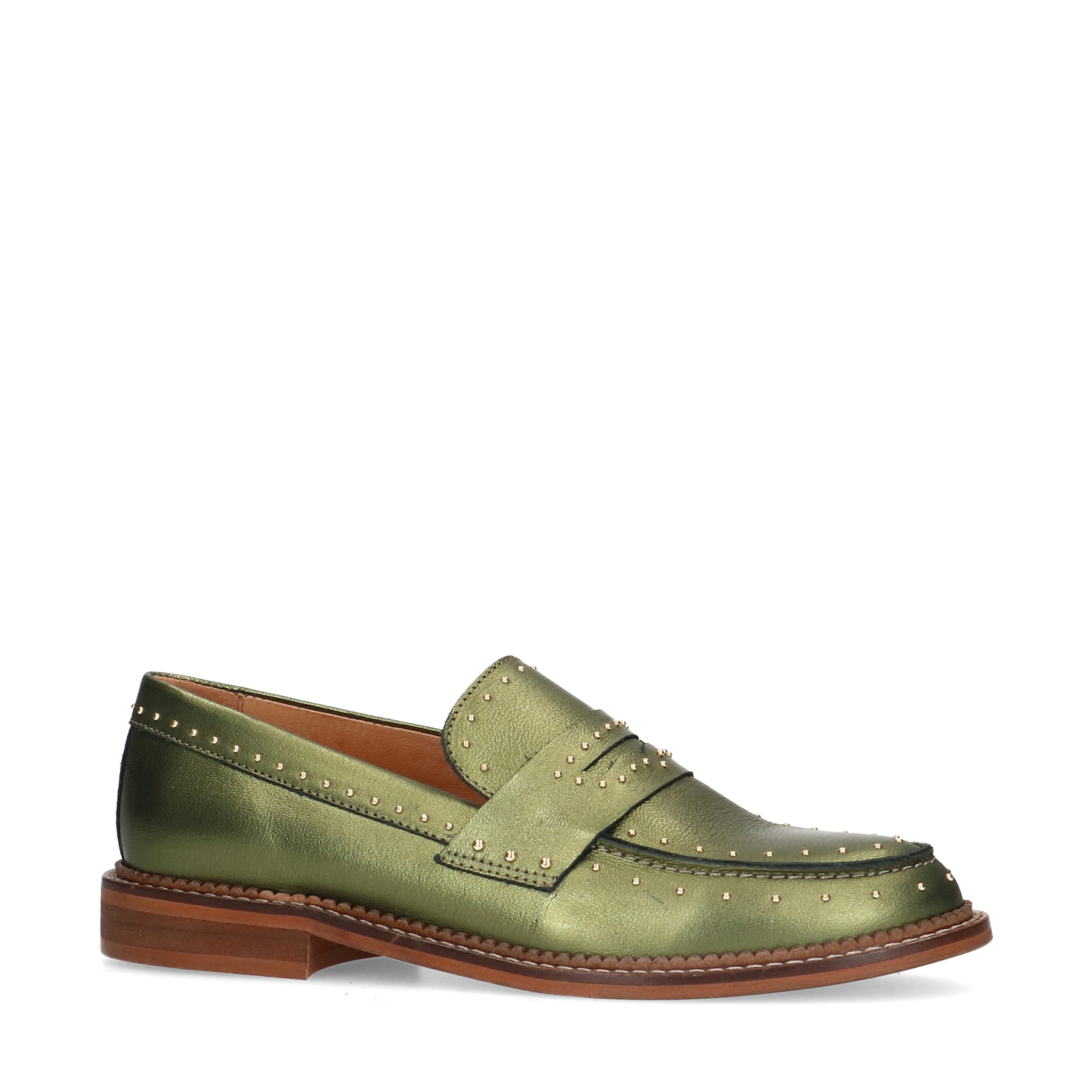 Grüne Metallic-Loafer aus Leder mit Nieten | Slipper | Manfield 