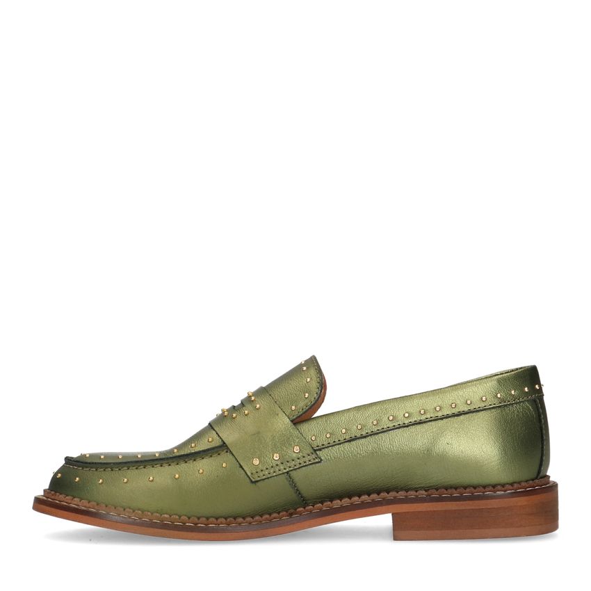 Grüne Metallic-Loafer aus Leder mit Nieten