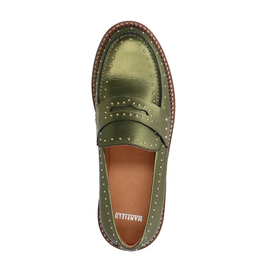 Grüne Metallic-Loafer aus Leder mit Nieten