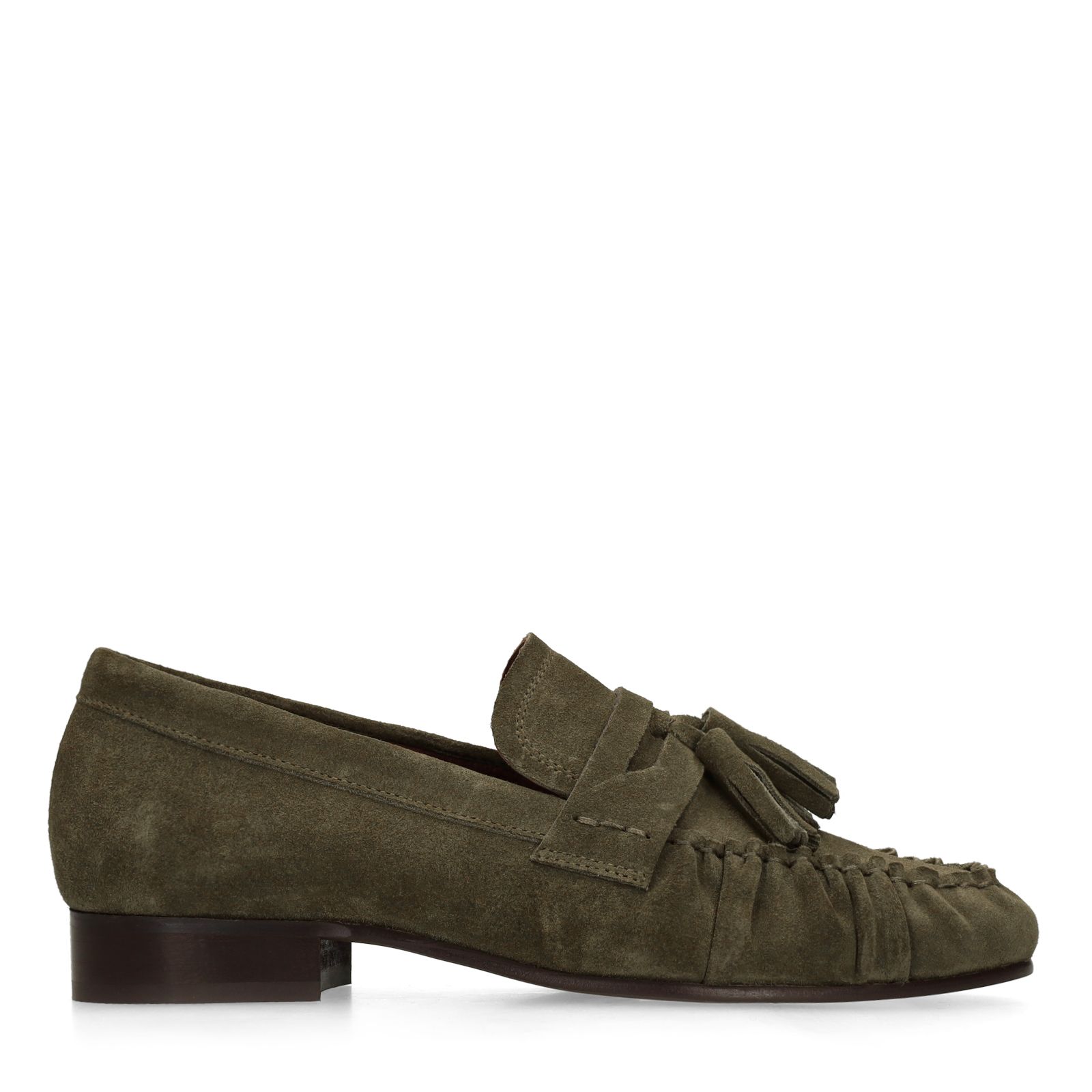 Donkergroene suède loafers met kwastjes