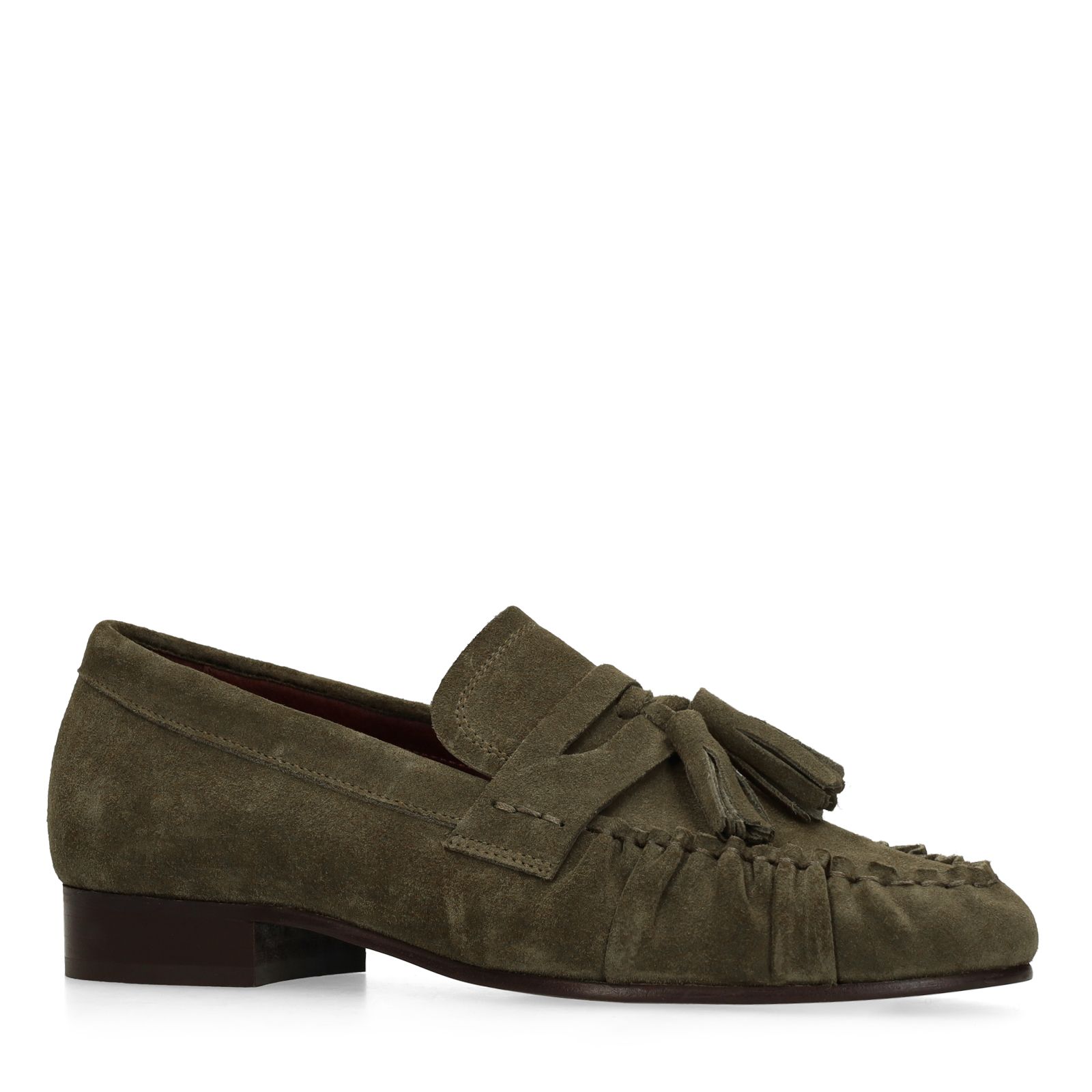 Donkergroene suède loafers met kwastjes