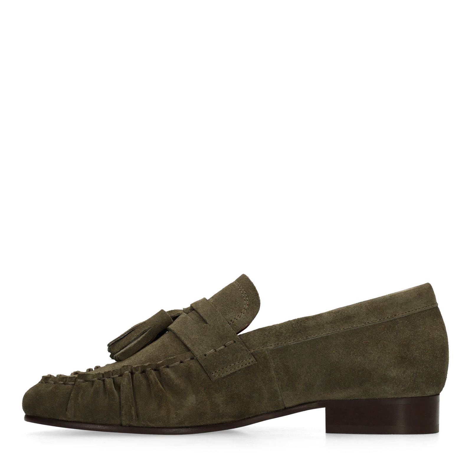 Donkergroene suède loafers met kwastjes