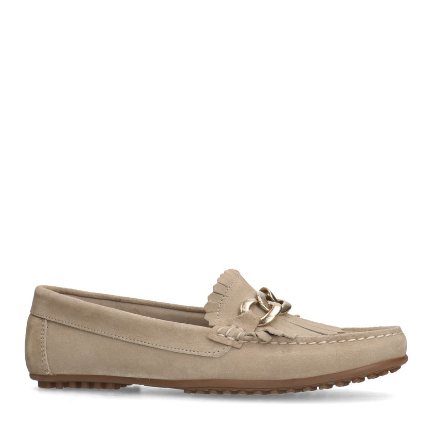 Taupe suède loafers met goudklerurig detail