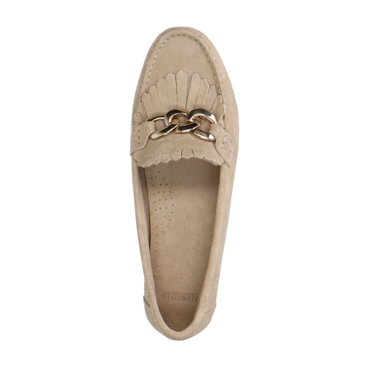 Taupe suède loafers met goudklerurig detail