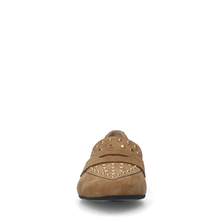 Beigefarbene Veloursleder-Loafer mit goldfarbenen Nieten