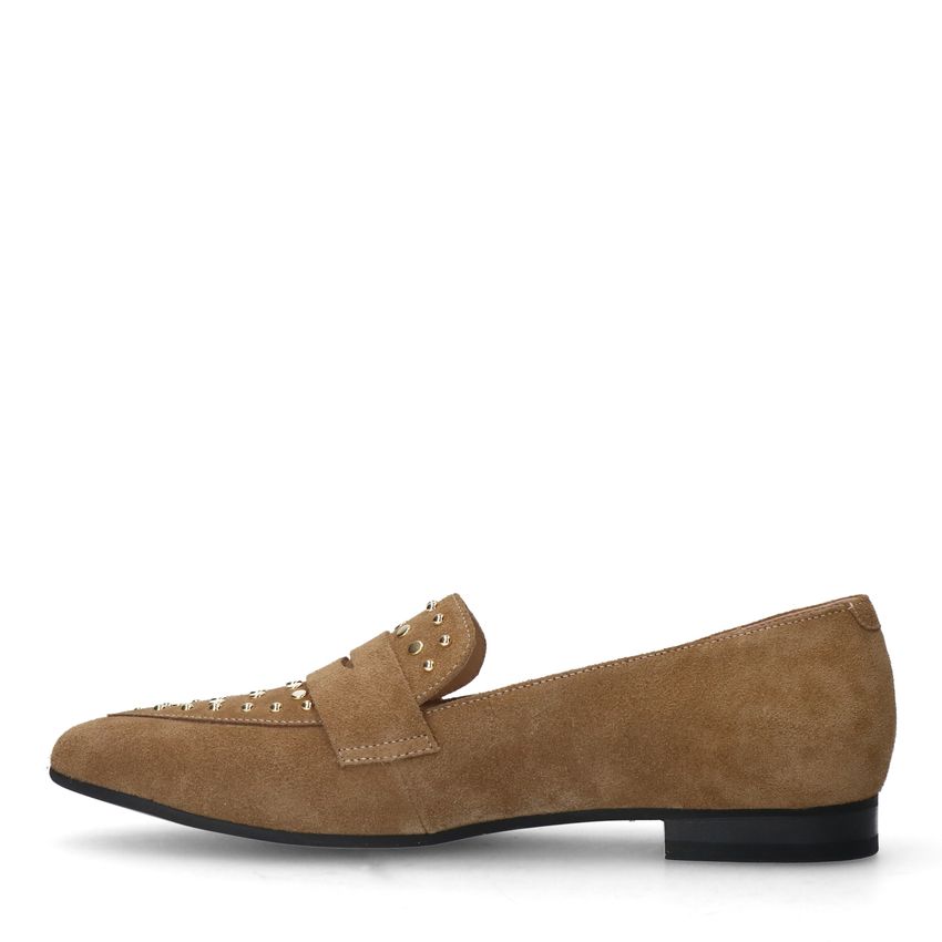 Cognac suède loafers met gouden studs