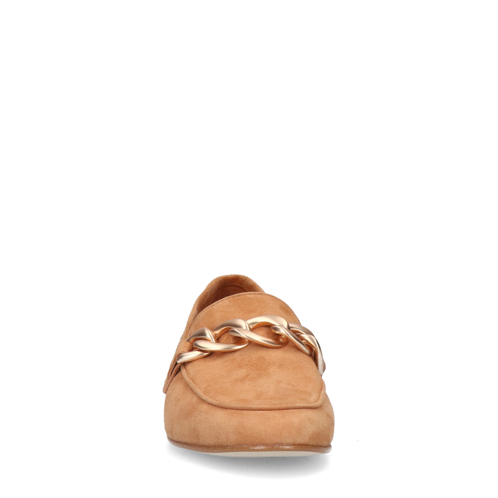 Cognacfarbene Veloursleder-Loafer mit goldfarbener Kette | Slipper 