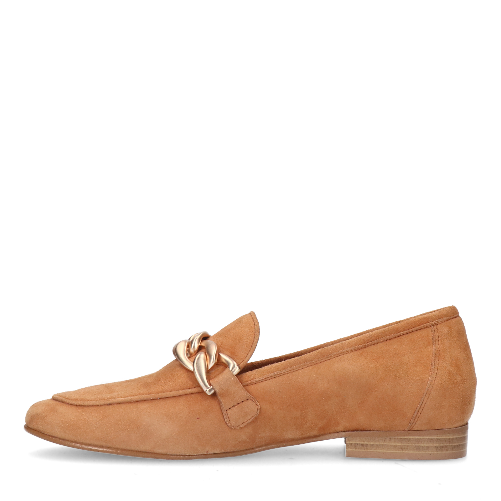 Cognacfarbene Veloursleder-Loafer mit goldfarbener Kette | Slipper 