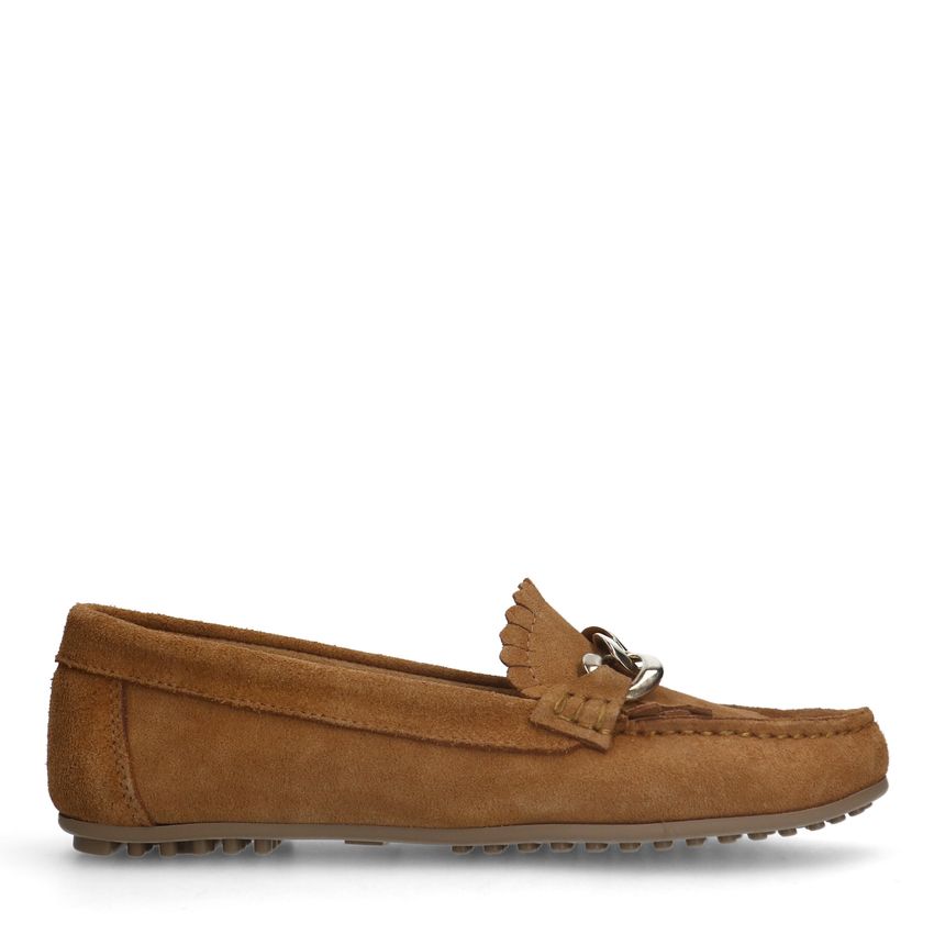 Cognac suède loafers met goudklerurig detail