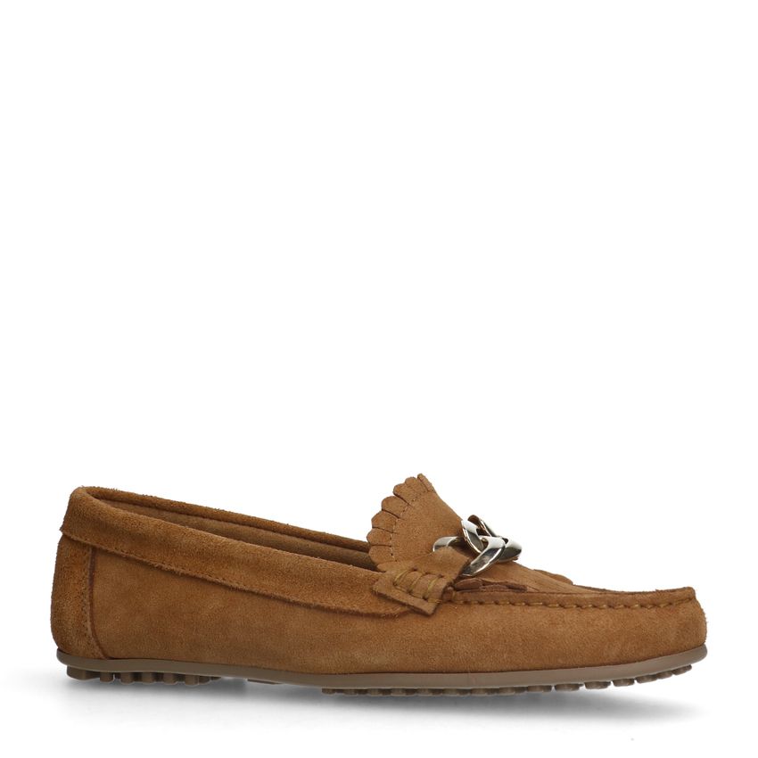 Cognac suède loafers met goudklerurig detail