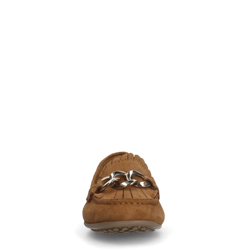 Cognacfarbene Veloursleder-Loafer mit goldfarbenem Detail