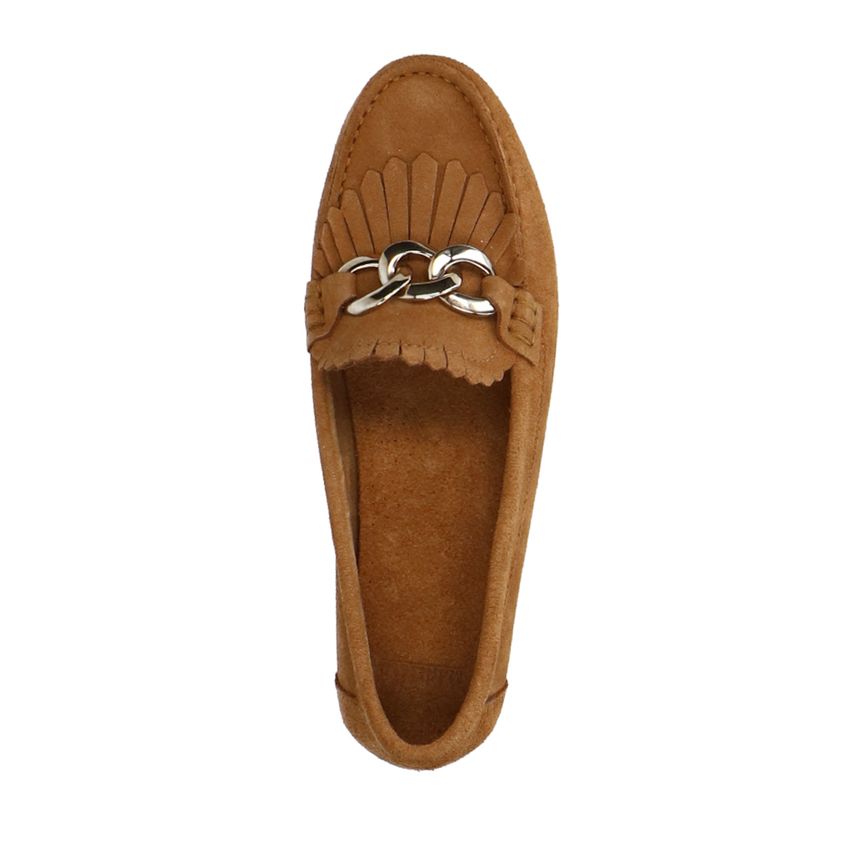 Cognac suède loafers met goudklerurig detail