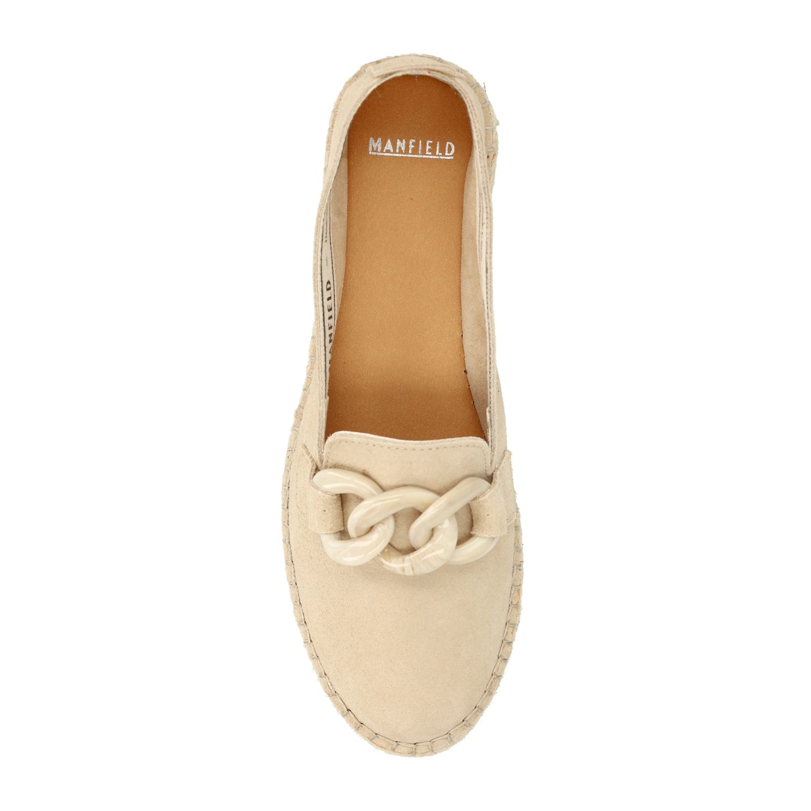 Beige suède espadrilles met chain