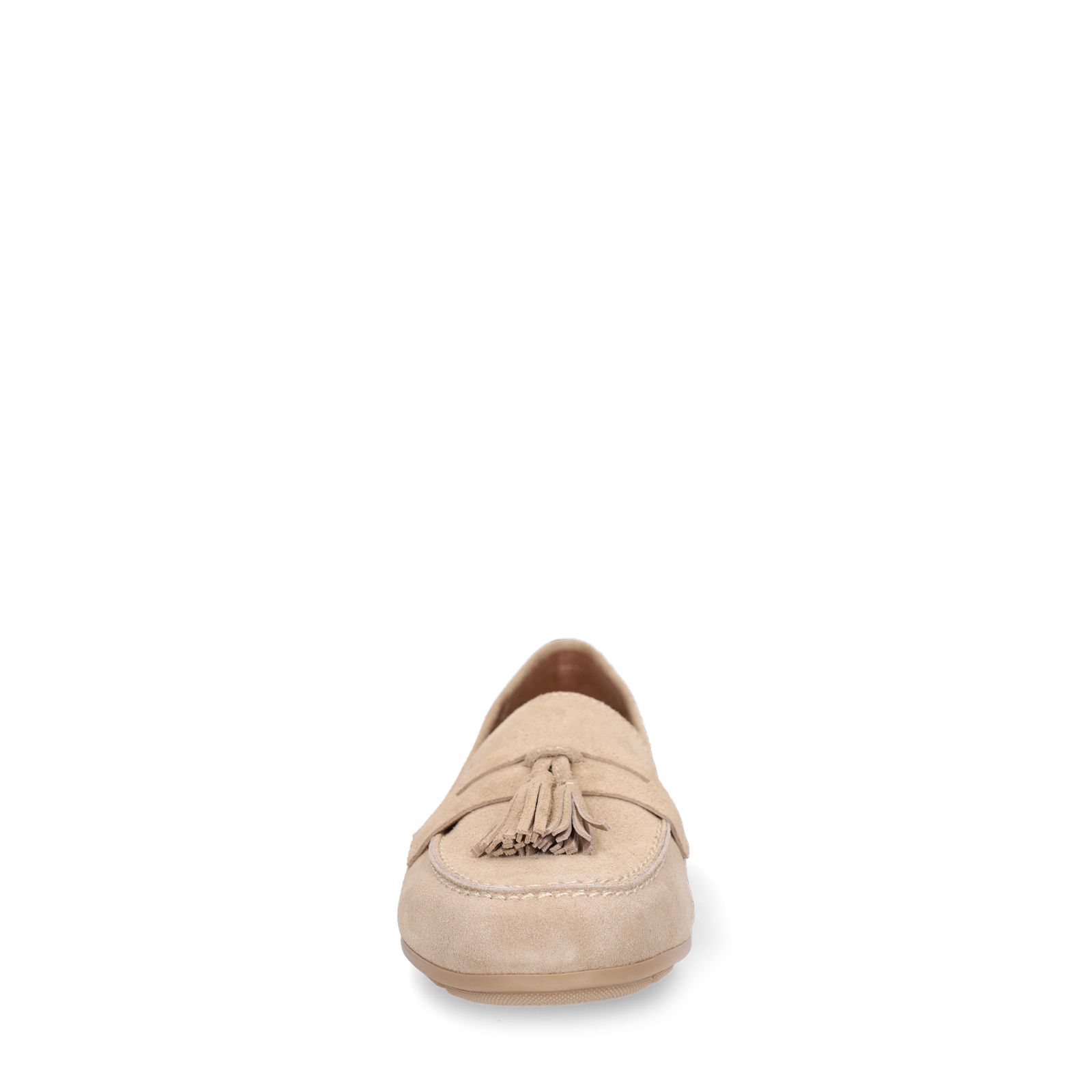Beige suède loafers met franjes