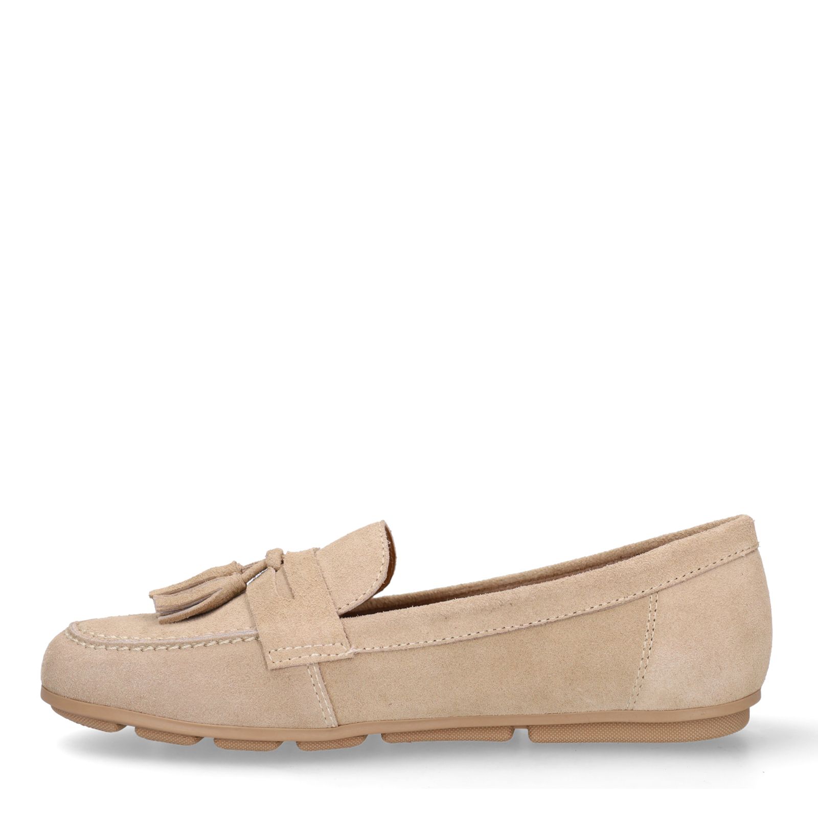 Beige suède loafers met franjes