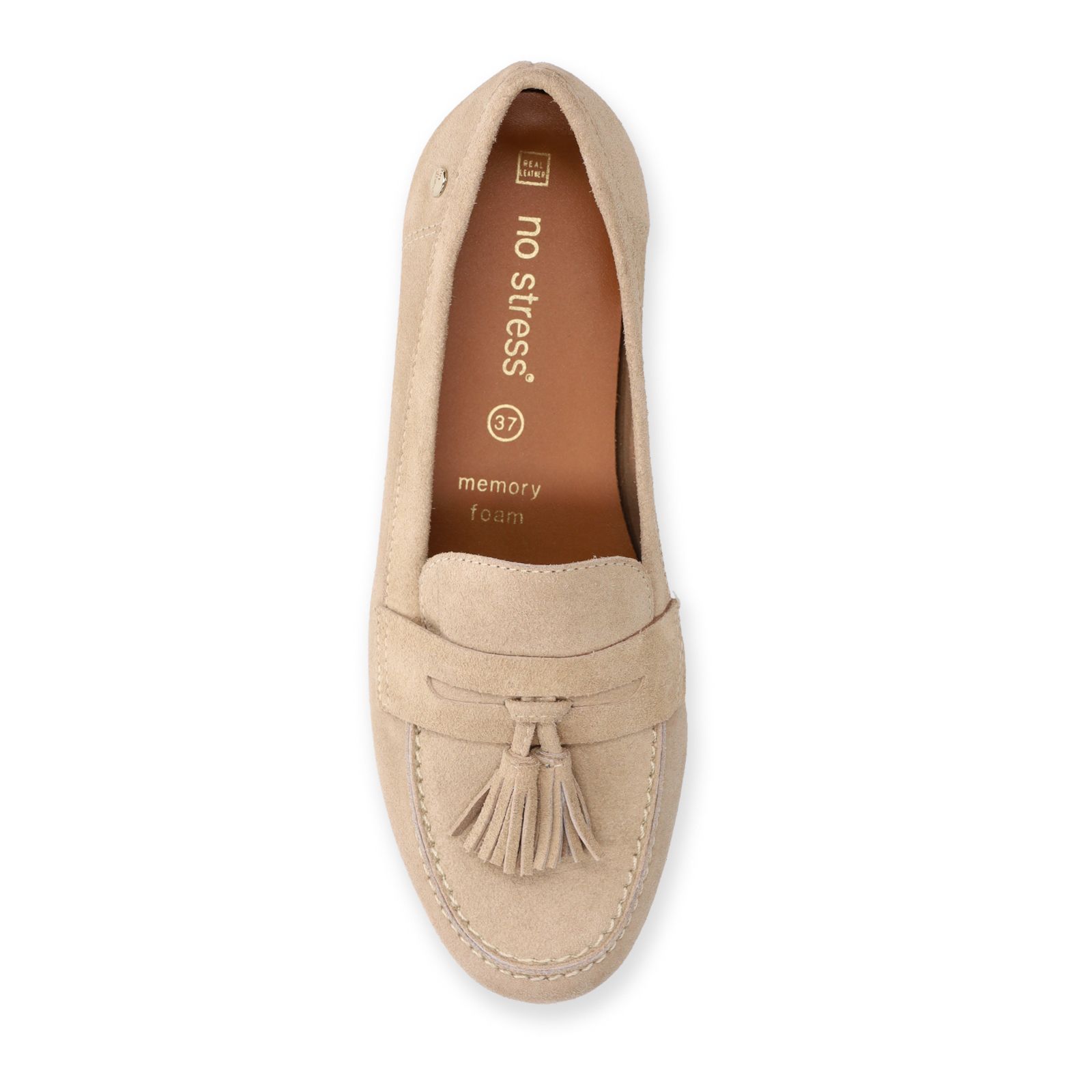 Beige suède loafers met franjes