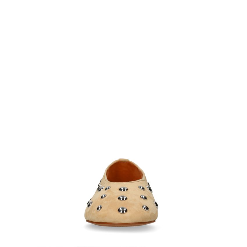 Beigefarbene Veloursleder-Ballerinas mit silberfarbenen Nieten