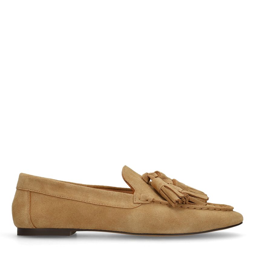 Beige suède loafers met franjes