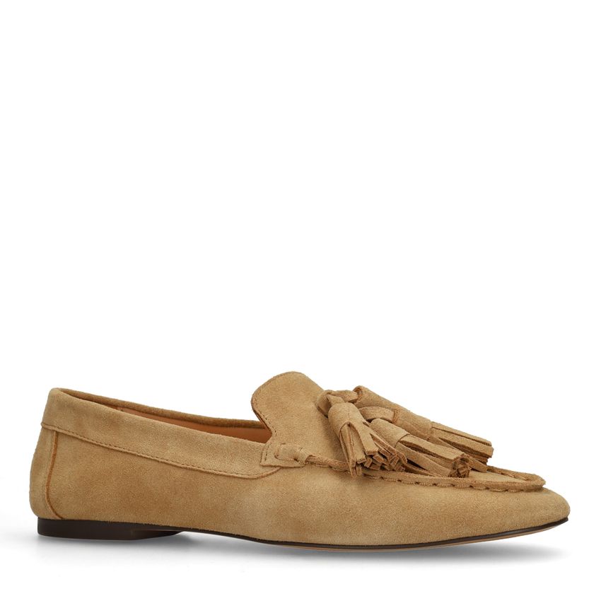 Beige suède loafers met franjes