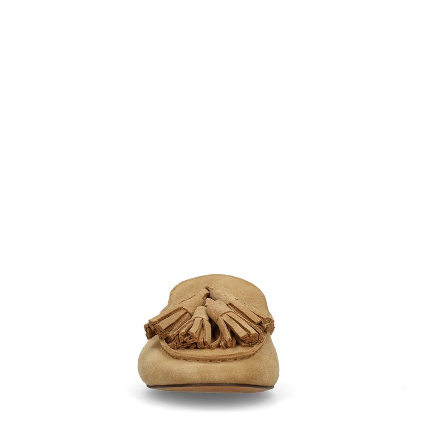 Beige suède loafers met franjes