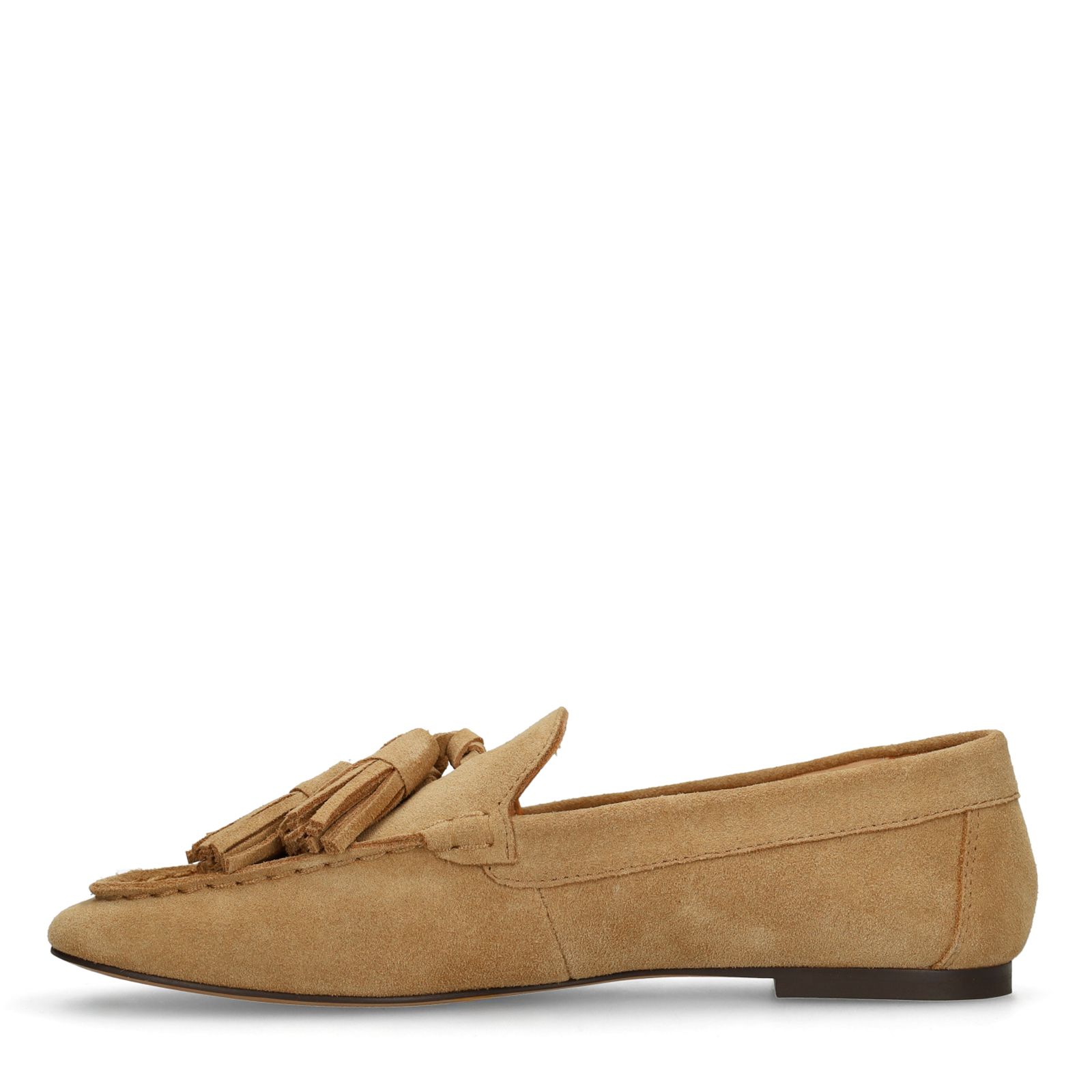 Beige suède loafers met franjes
