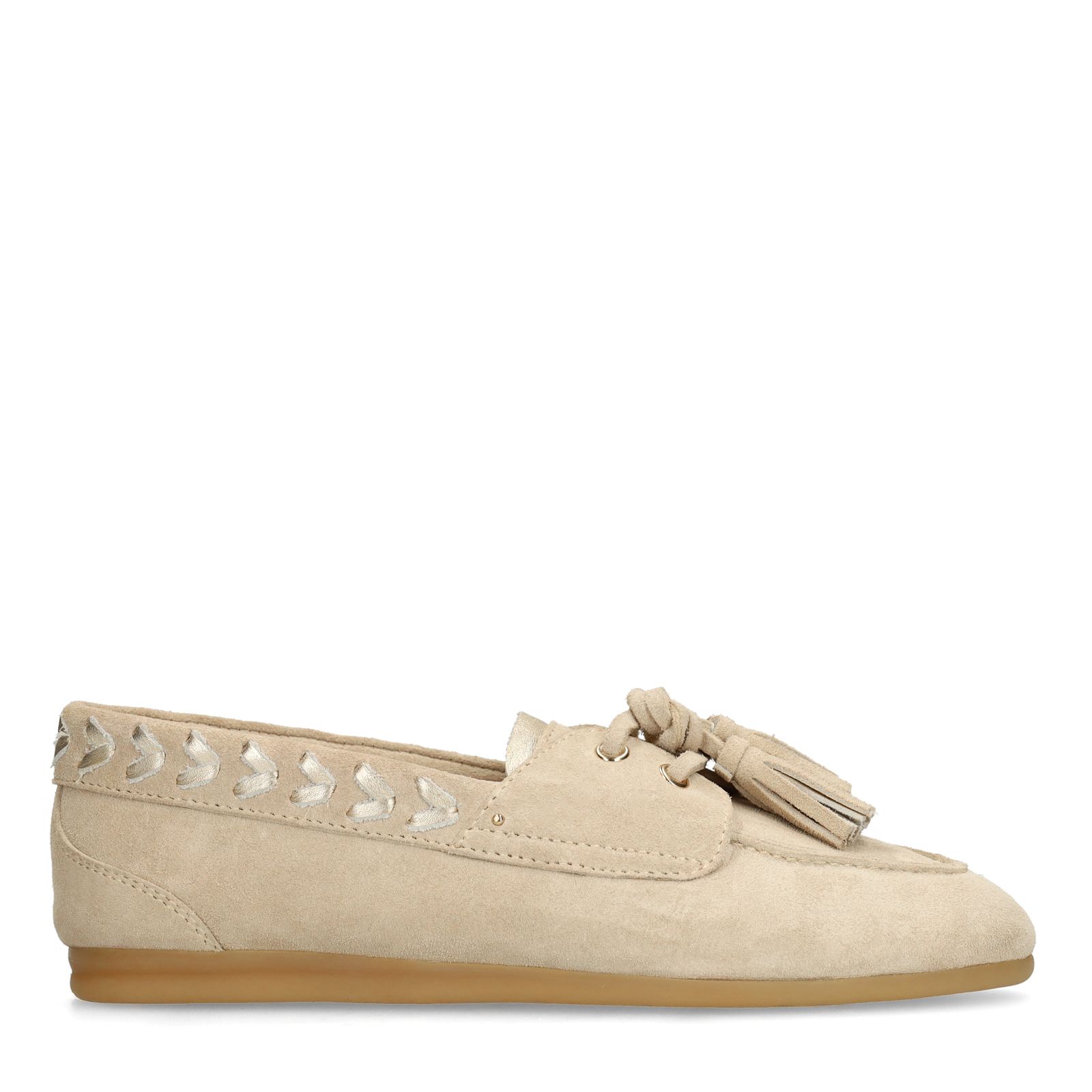 Beige suède loafers met kwastjes