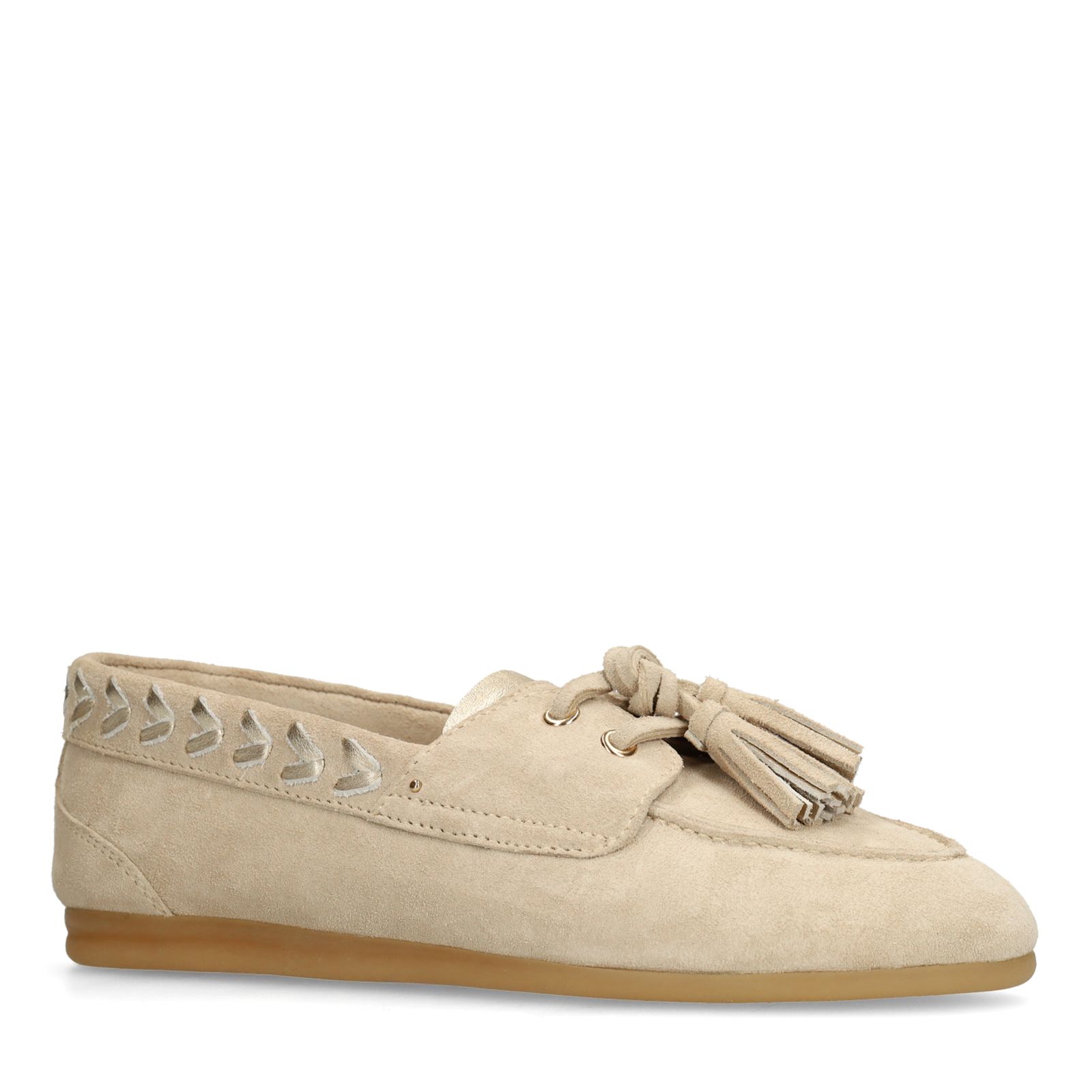 Beige suède loafers met kwastjes