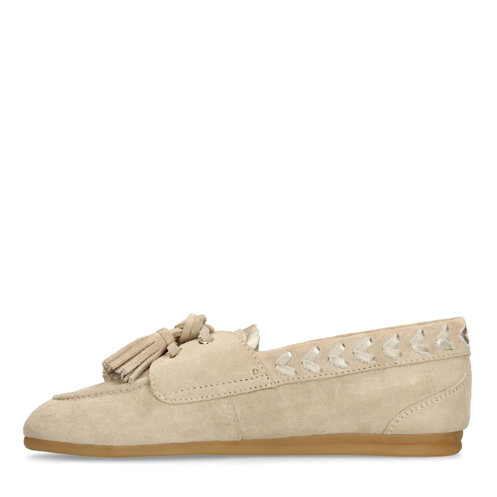 Beige suède loafers met kwastjes