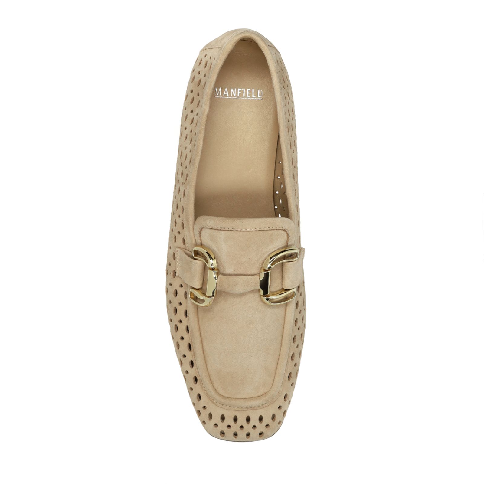 Beigefarbene Leder-Loafer mit goldfarbener Kette