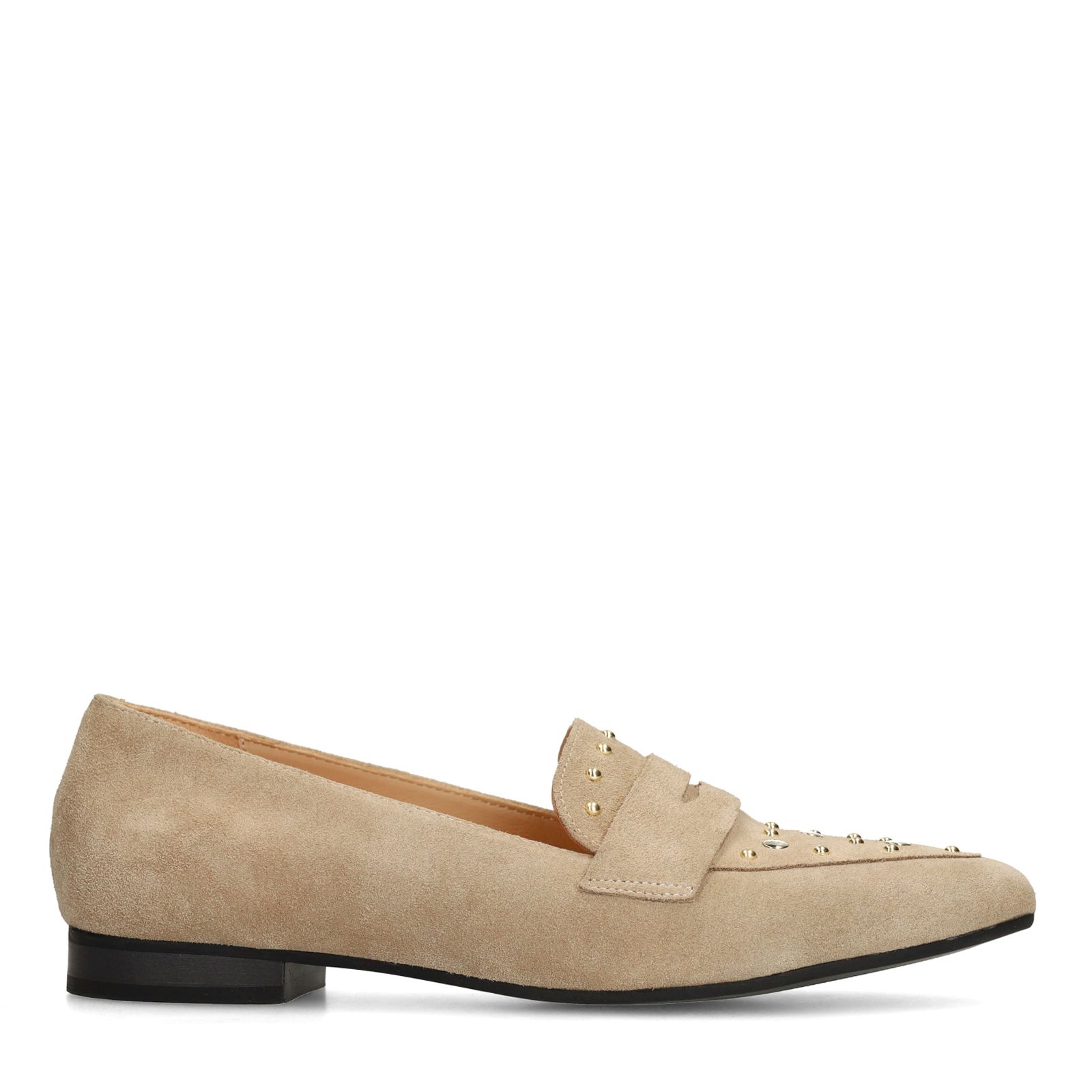 Beigefarbene Veloursleder-Loafer mit goldfarbenen Nieten