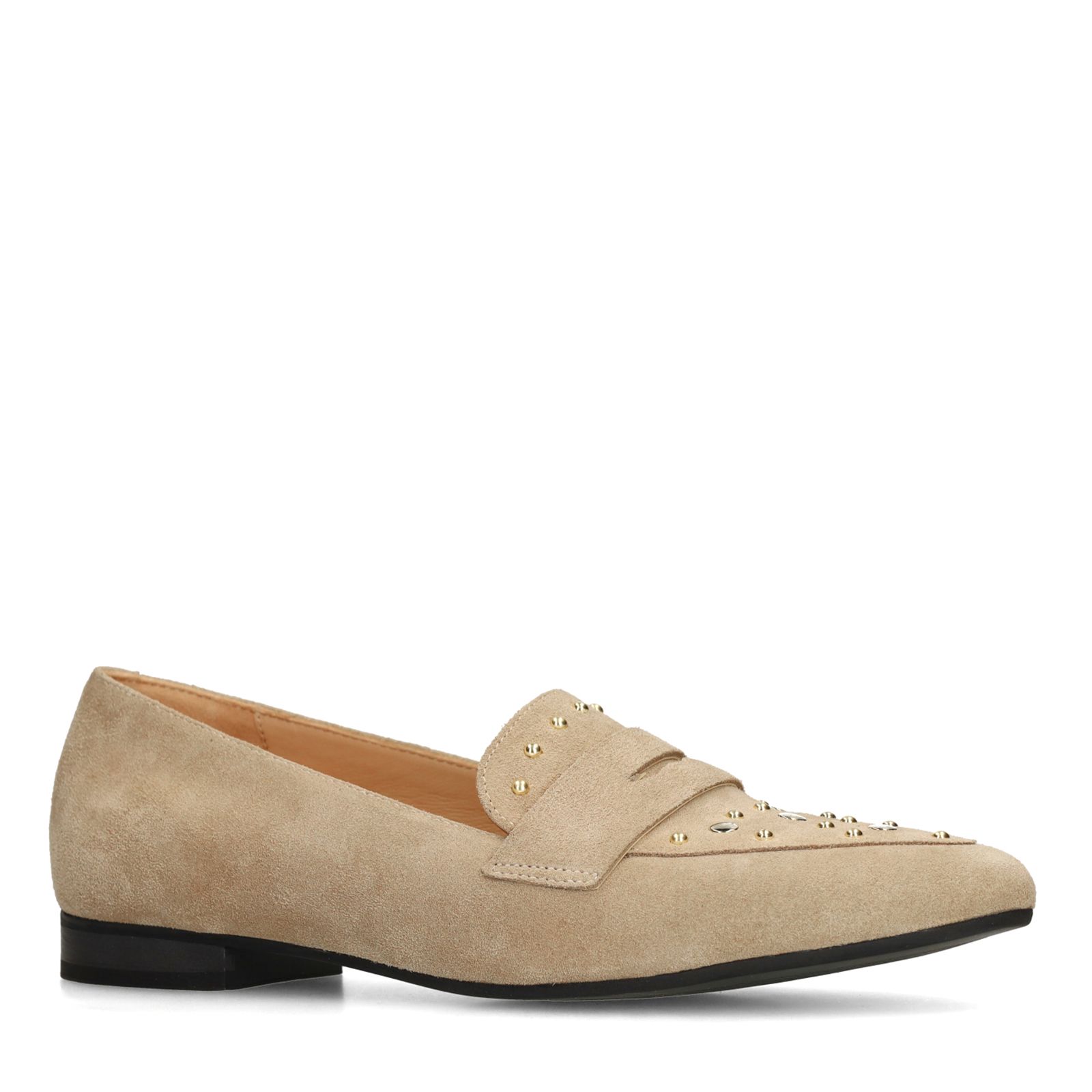 Beigefarbene Veloursleder-Loafer mit goldfarbenen Nieten