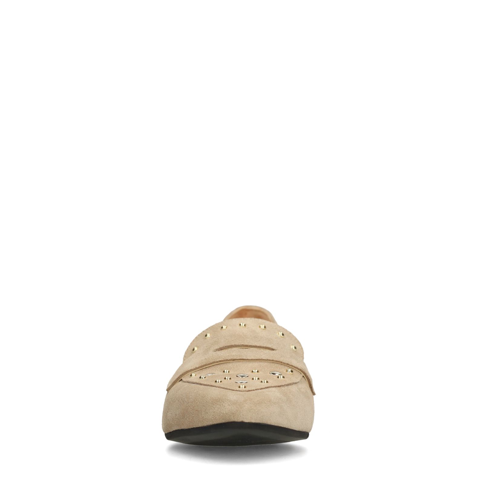 Beigefarbene Veloursleder-Loafer mit goldfarbenen Nieten