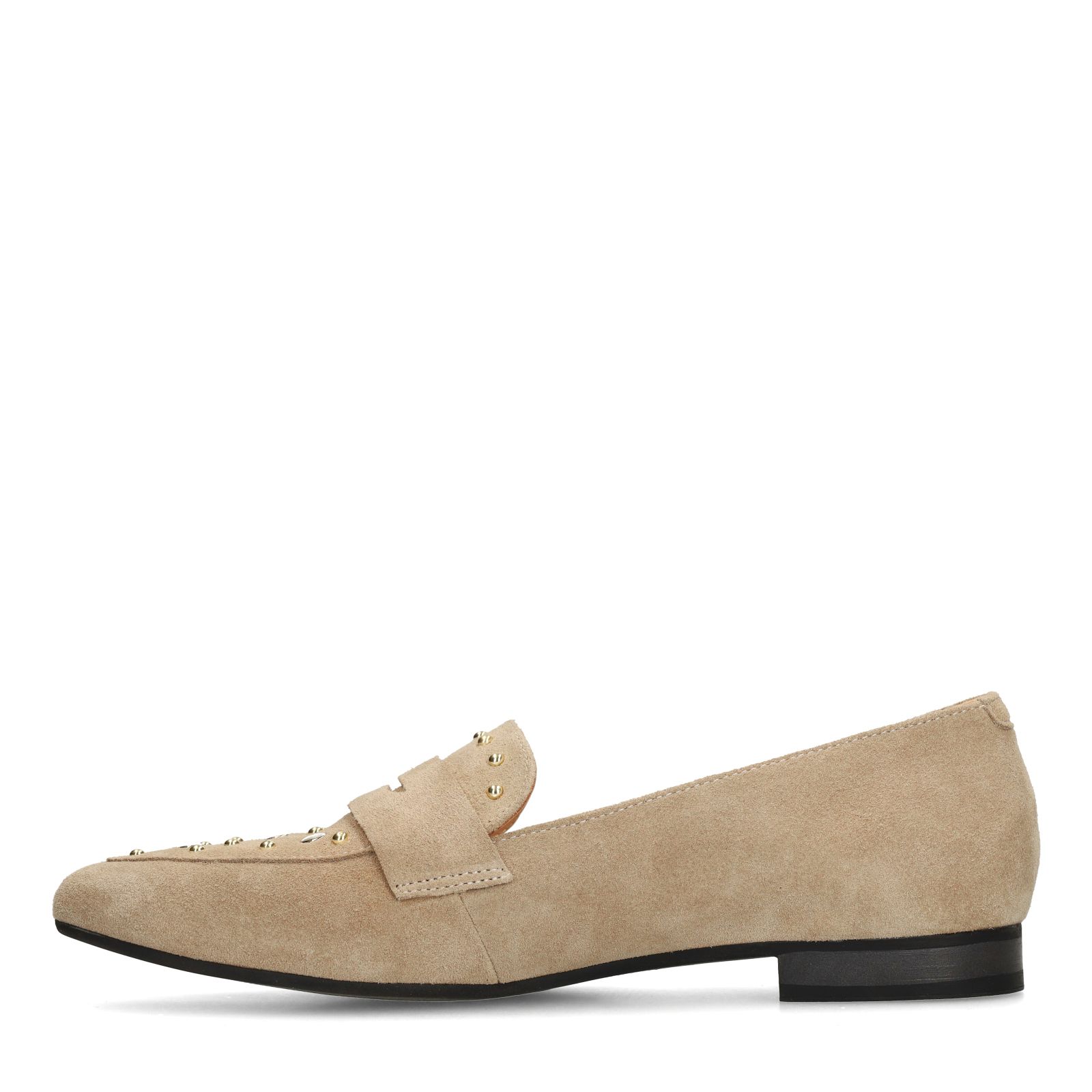 Beigefarbene Veloursleder-Loafer mit goldfarbenen Nieten