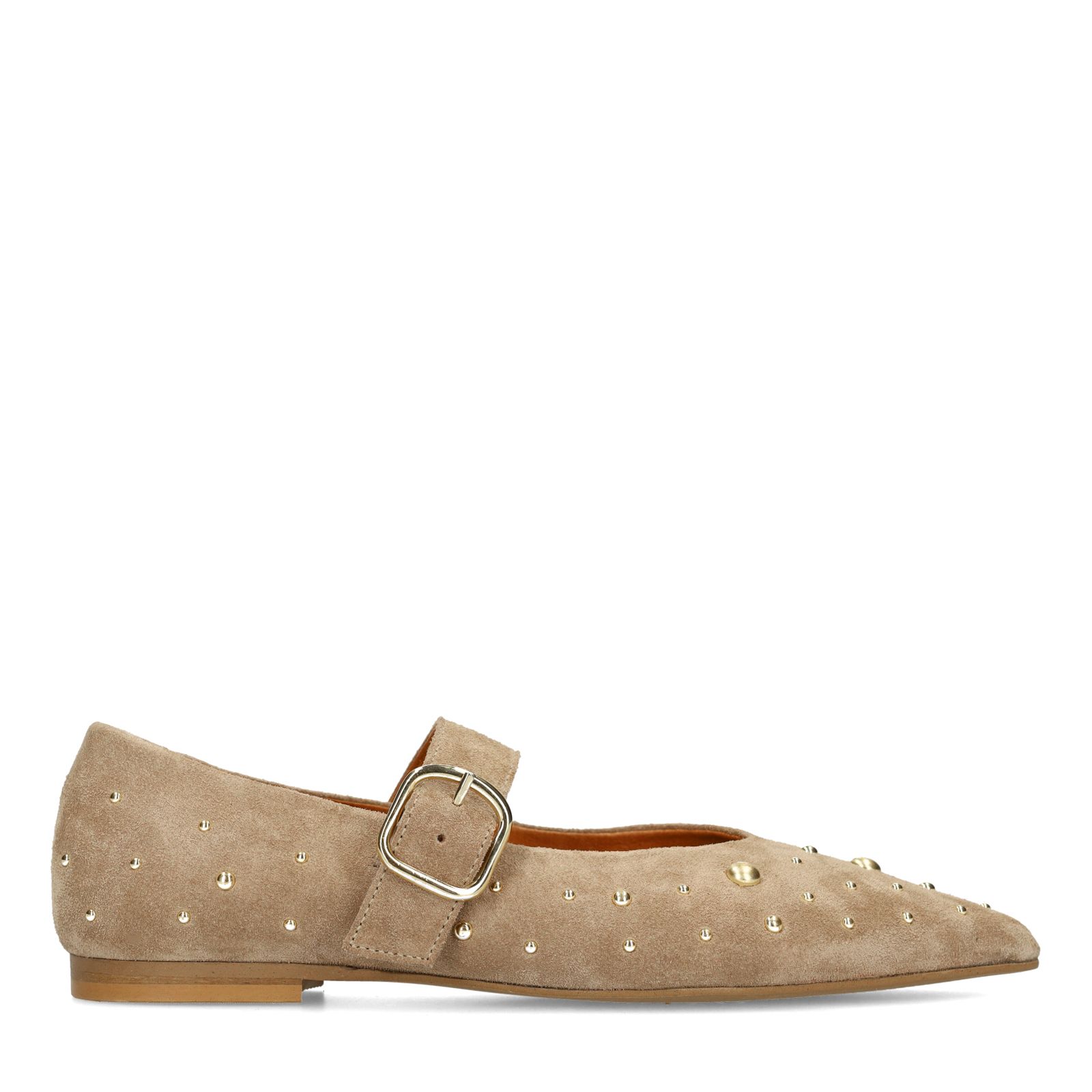 Beigefarbene Veloursleder-Loafer mit Nieten