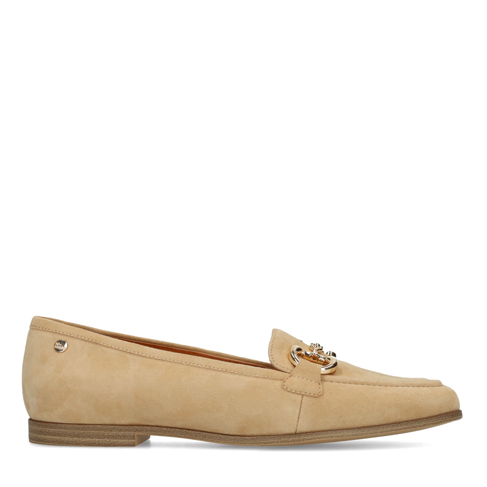Beige suède loafers met gouden chain