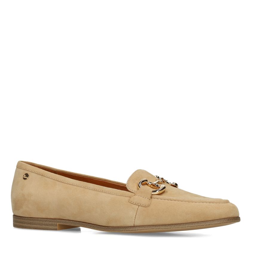 Beige suède loafers met gouden chain