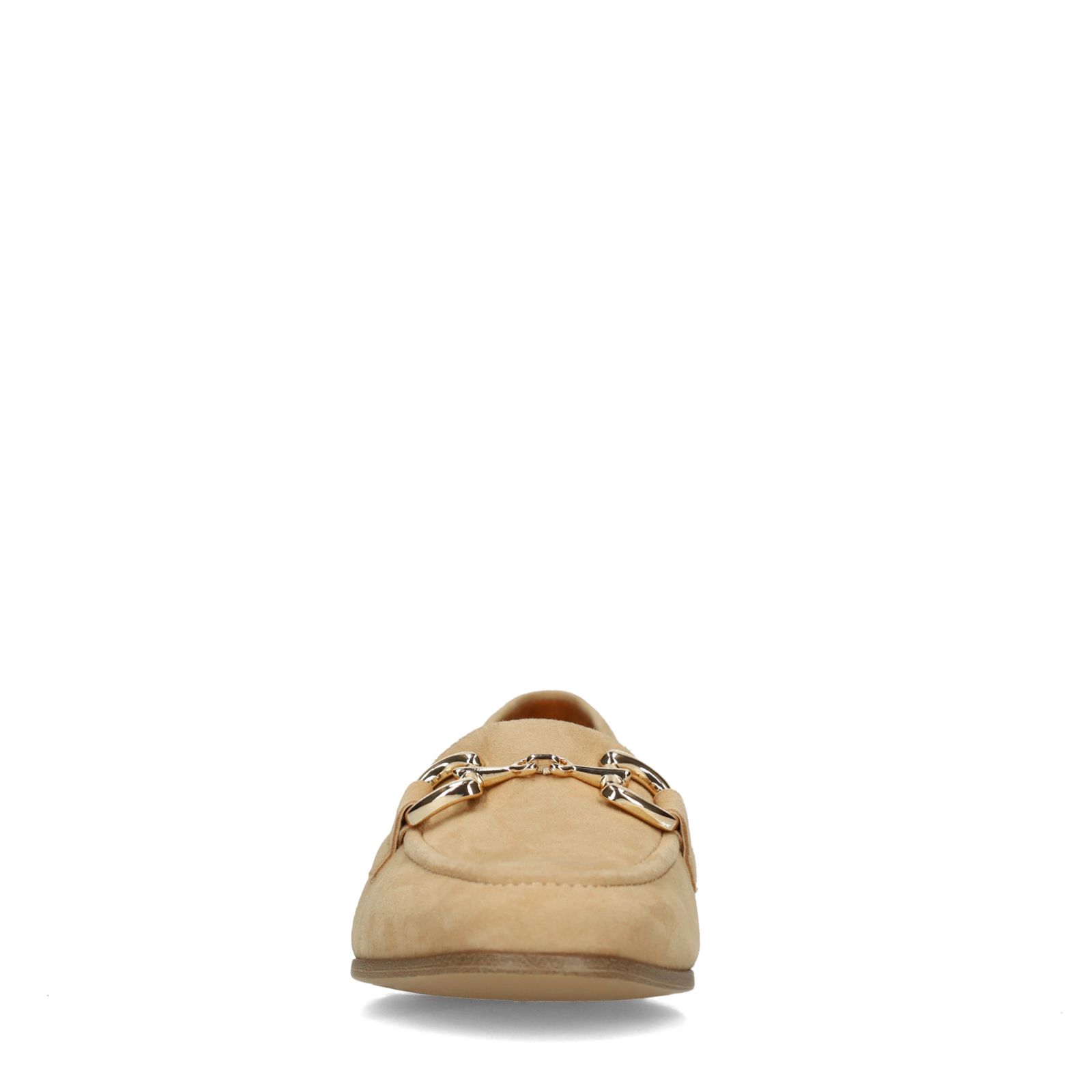 Beige suède loafers met gouden chain