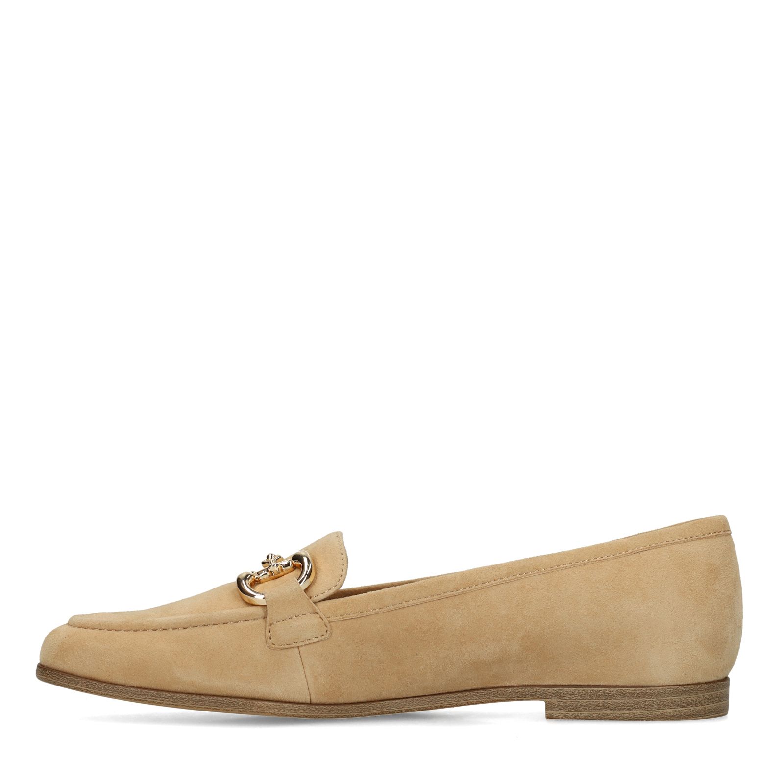 Beigefarbene Veloursleder-Loafer mit goldfarbener Kette
